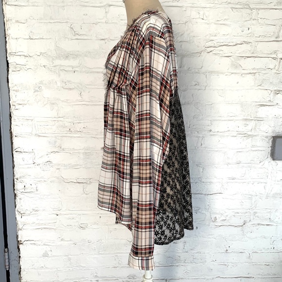 Hazel plaid blouse with lace back brown red check sheer long sleeve - Picture 3 of 9